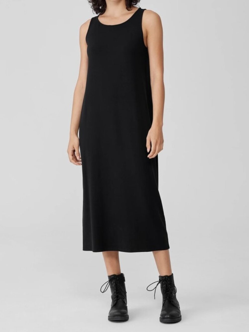 Eileen Fisher Women's Midi Dress L Black Jersey Knit Chic Minimalist sustainable